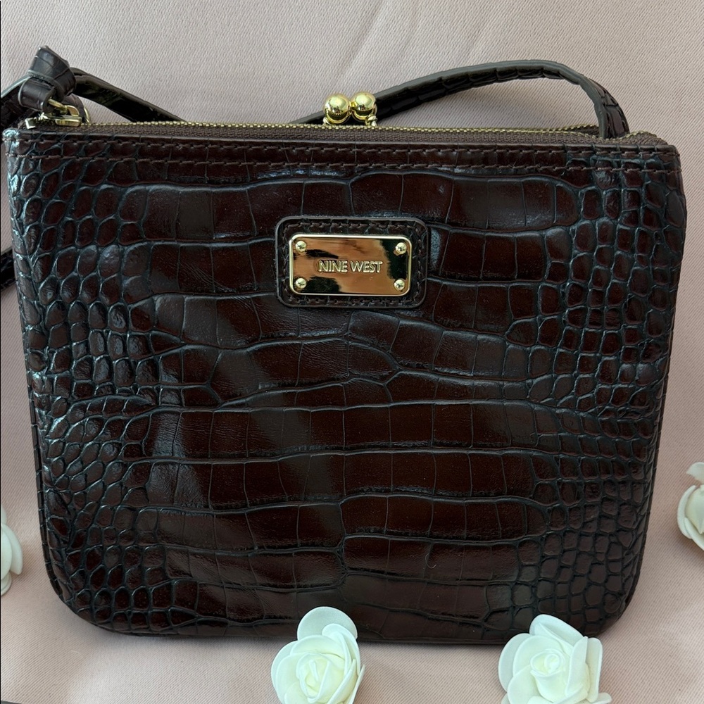 Nine West Dark Brown Croc-Embossed Crossbody Bag